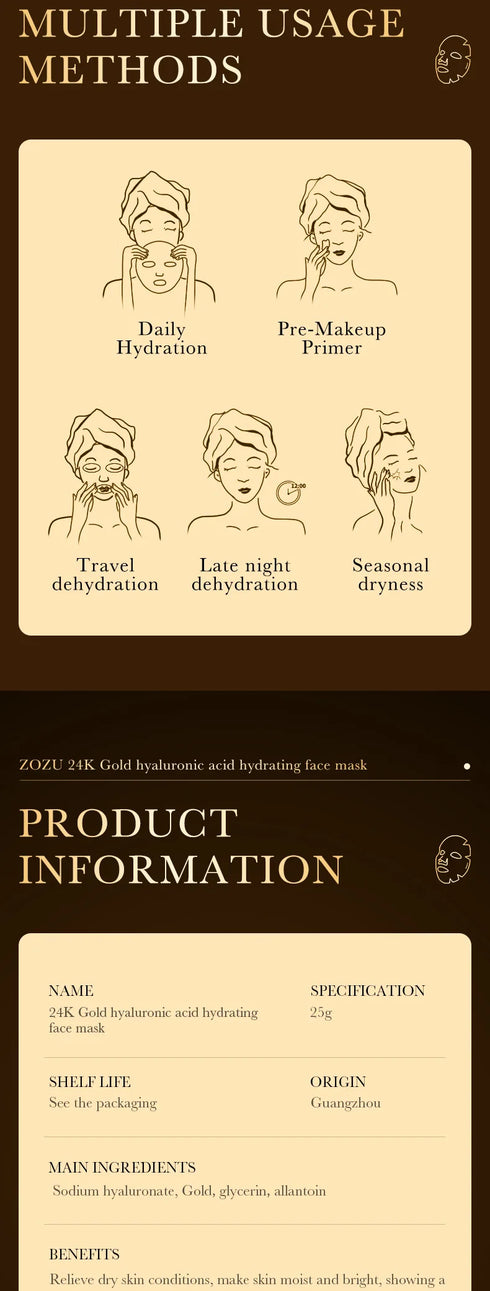 10 pieces 24k Gold Hyaluronic Acid Moisturizing Facial Mask Whitening Mask for Face Women Korean Skin Care Products