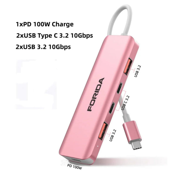 FORIDA USB Hub Type C 10Gbps USB C Splitter PD 100W Power Charging USB 3.2 Gen2 Adapter for Laptop MacBook Desktop Tablet