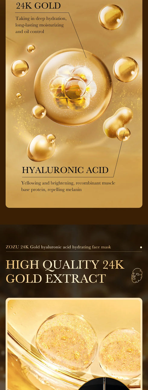 10 pieces 24k Gold Hyaluronic Acid Moisturizing Facial Mask Whitening Mask for Face Women Korean Skin Care Products
