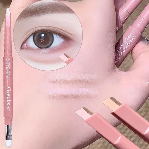 Matte Brightening Lying Silkworm Pen Pink Brown Two-color Highlighter Contour Shadow Pen With Detail Blending Brush Eye Makeup