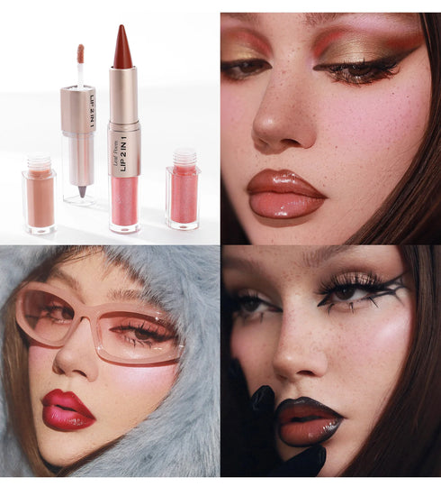 Black Brown Tapered Lip Liner Contour Pencil Double Head Mirror Plumping Lip Glaze Crystal Lip Gloss Sexy Red Lips Tint Makeup