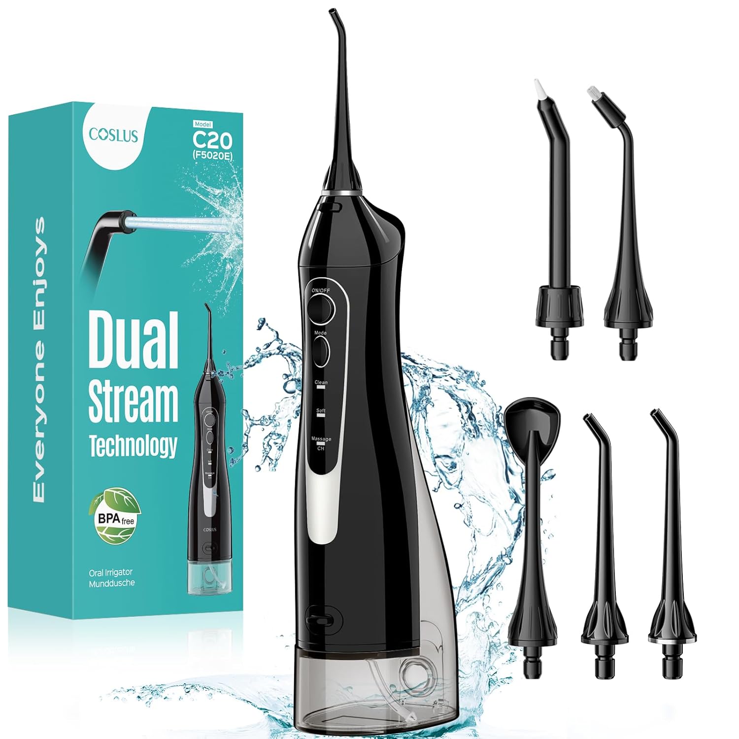 COSLUS Water Dental Flosser Teeth Pick C20(F5020E): Portable Cordless Oral Irrigator 300ML Rechargeable Travel Irrigation Cleaner IPX7 Waterproof Electric Flossing Machine for Teeth Cleaning Main image