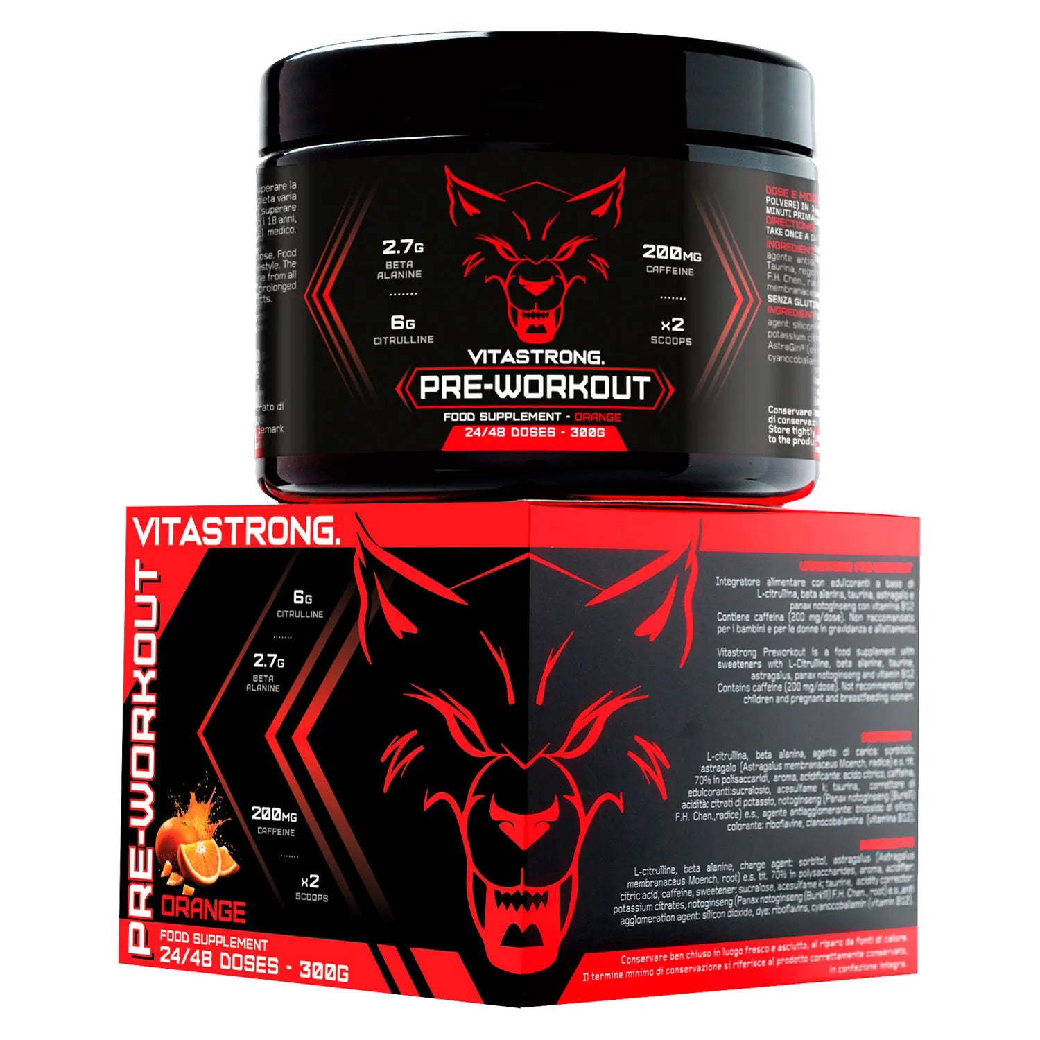 Pre-Workout Powerful 300g - Vegan Supplement with L-Citrulline, Beta-Alanine, Caffeine, Taurine, AstraGin, Panax Notoginseng, Vitastrong (24 Portions, Orange Flavor) - Made in Italy, Preworkout Supplement Powder Main image