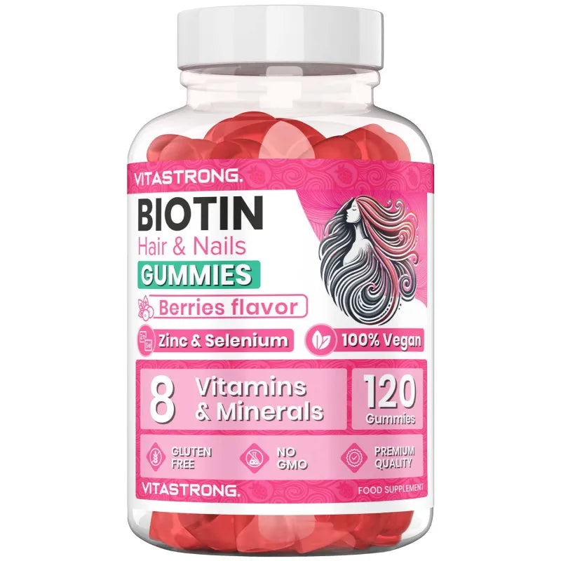 Vitastrong Biotin High Dosage Complex 100% Vegan - 120 Biotin Gum for Hair, Skin and Nails with Zinc, Selenium, Vitamin C, Vitamin E, Vitamin B6, folate and Potassium Iodide-Supports Healthy Hair and Reduces Fatigue Main image