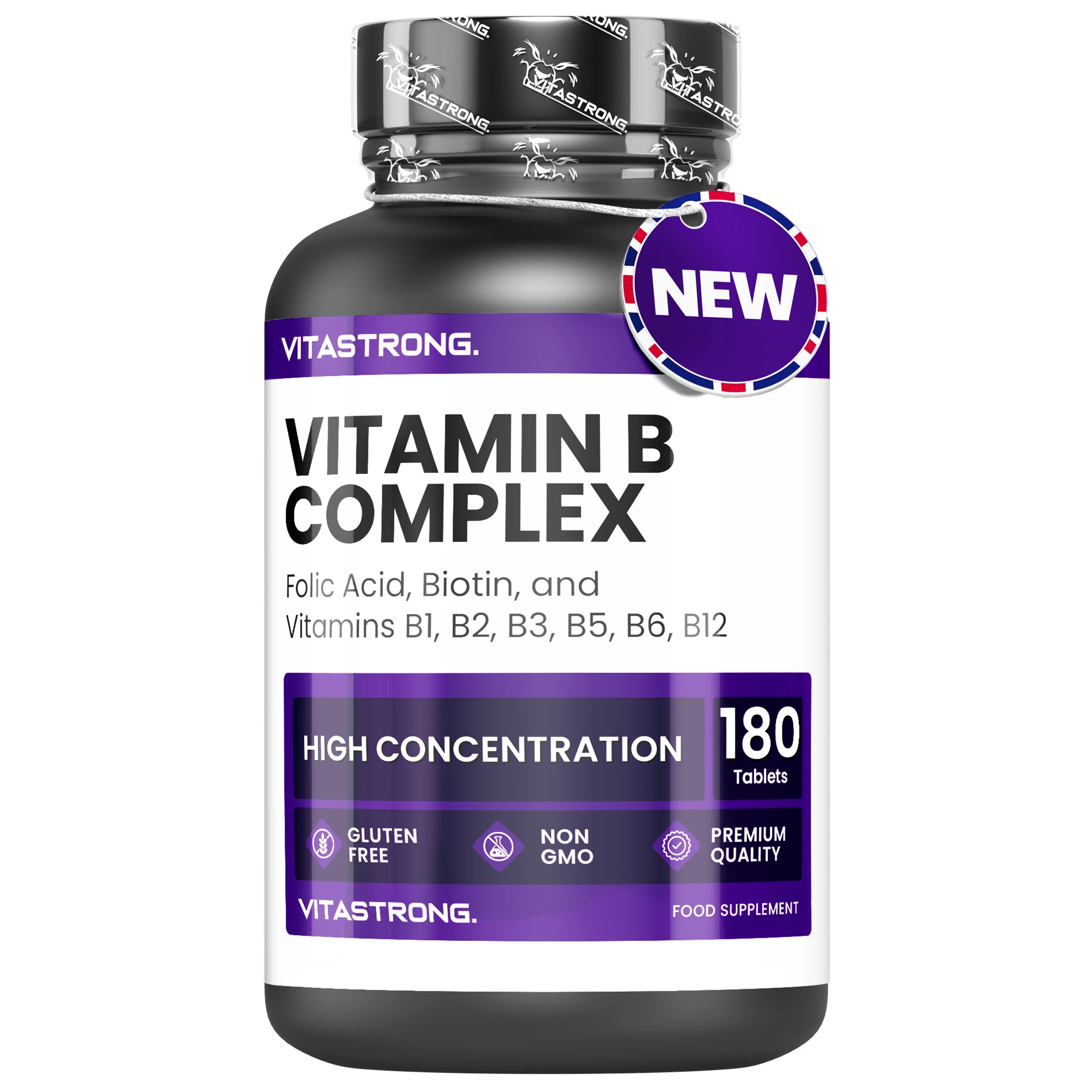 Vitamin B Complex High Dosage, 180 Tablets Vitamins Group B Biotin, Thiamine B1, Riboflavin B2, Vitamin B3 Niacin, B5 Pantothenic Acid, B6, Vitamin B12 and Folic Acid Main image