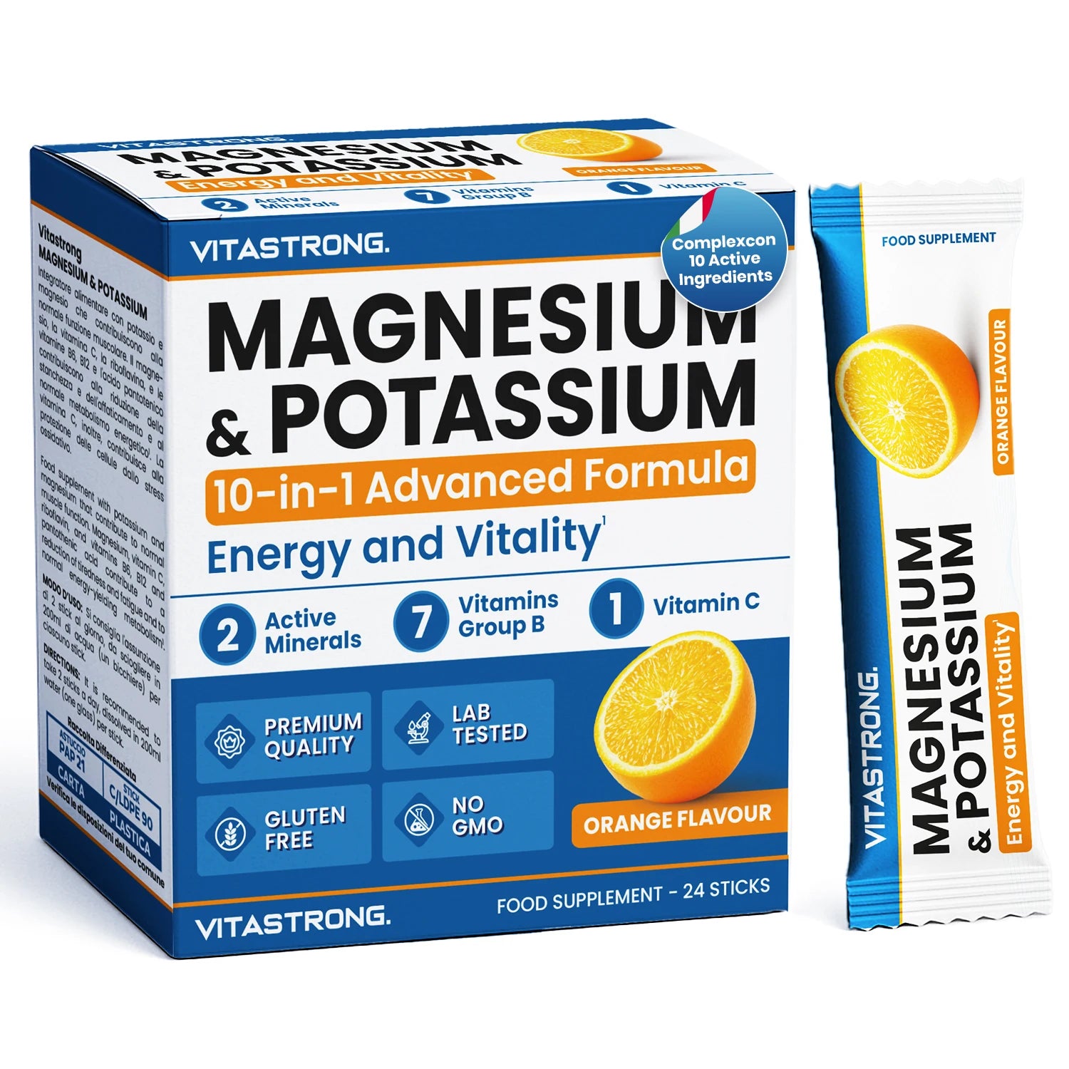 Vitastrong Magnesium & Potassium 10-in-1 Formula - 24 Sticks with Vitamin C and B-Vitamins, Orange Taste, Sucrose-free, GMO-free, Gluten-free Main image