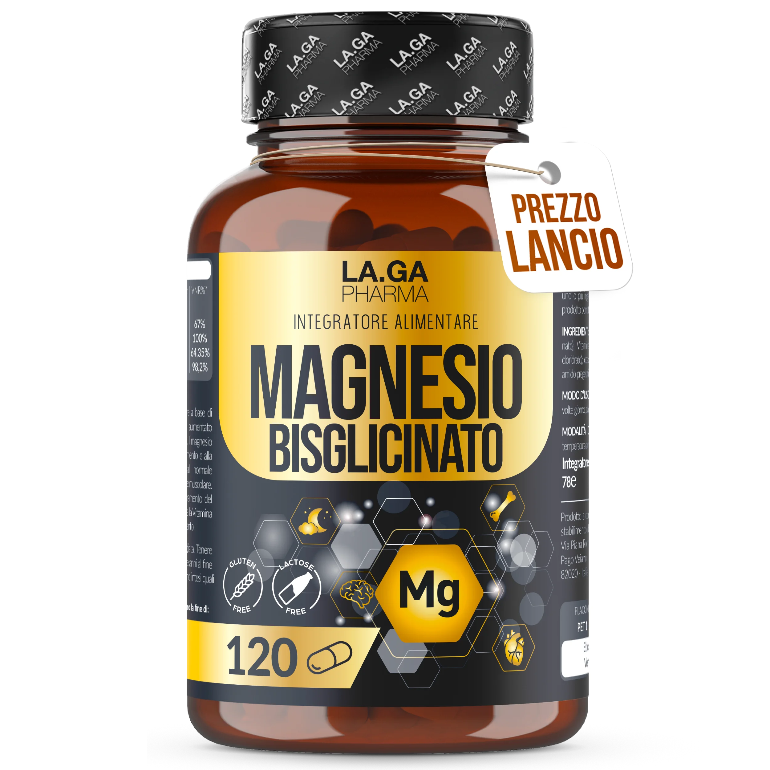 BISGLICINATED MAGNESIUM (Supply Up to 4 Months), Full Magnesium 120 Capsules with Vitamins B5, B6 and B1. Integrator Fatigue and Stress. Gluten-free and Lactose-free, Made In Italy. LAGA PHARMA | LAGA Pharma. LAGA Healthy. LA Main image