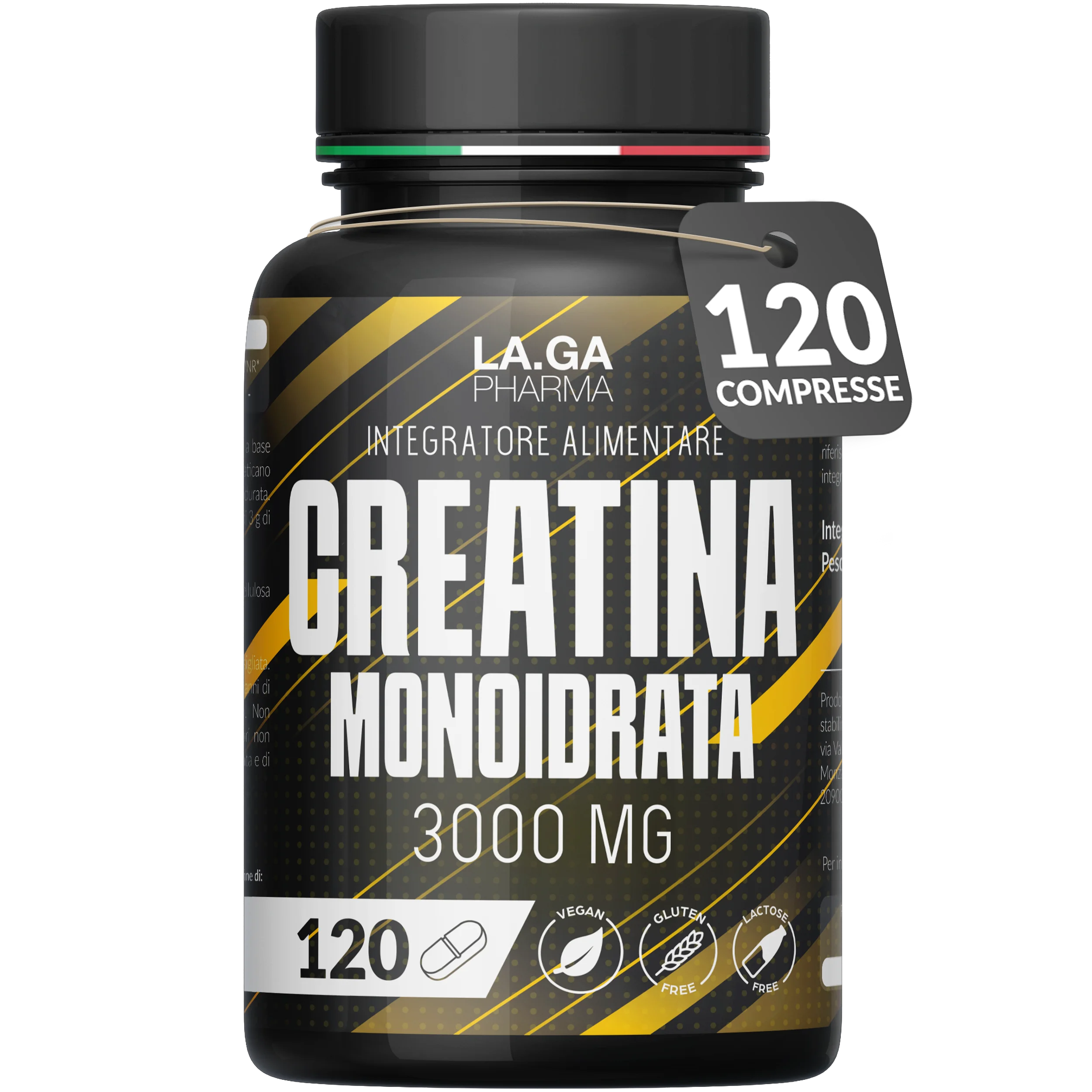 Creatine Monohydrate 120 Tablets of 3000mg Creatin Pure per dose. Creatine Monohydrate for Muscle Mass and Energy Boost. Creatine Pre and Post Workout. Creatine Made in Italy, 100% Vegan | LAGA Pharma. LAGA Healthy. LA.GA | Main image