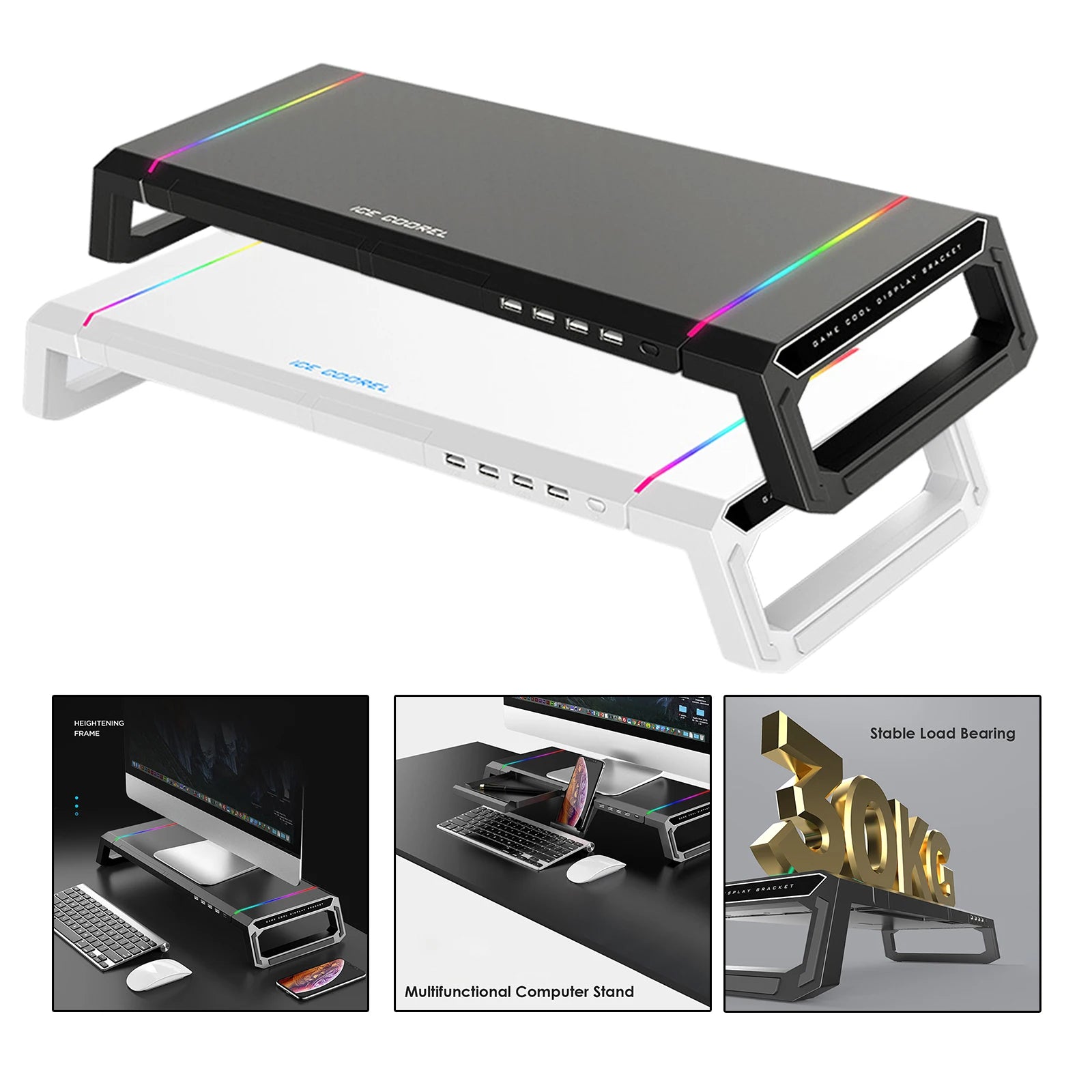 Aluminum RGB Monitor Stand Riser Bracket with 4 USB Ports Desk Organizer All-In-One Computer Laptop Height Stand Holder Main image