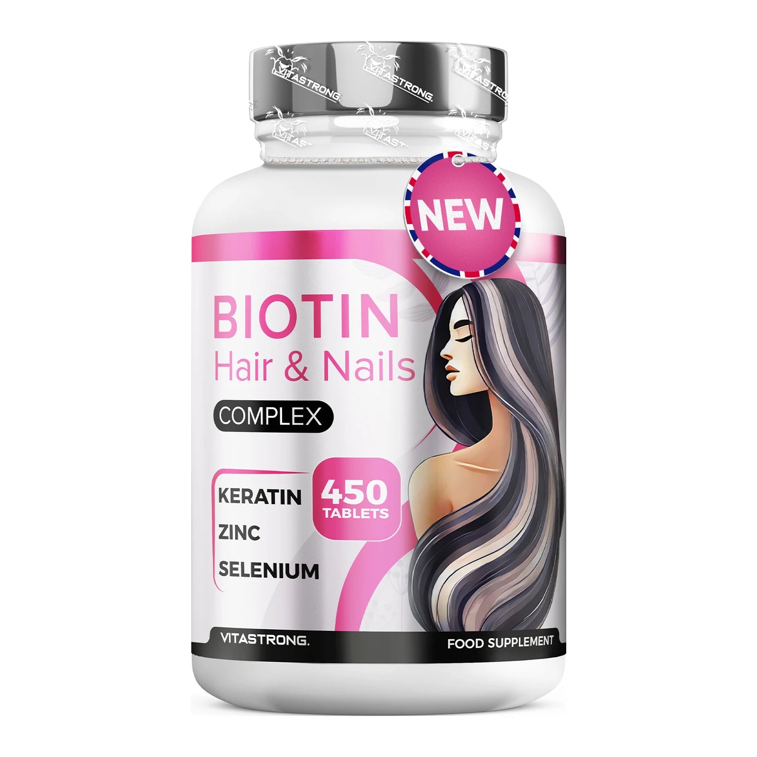 Biotin Hair Vitastrong 450 Tablets High Dosage (15 Months) Biotin Complex Premium with Keratin for Hair, Selenium, Zinc, Copper, Bamboo, Hair Vitamins & Nails, Hair Supplements Main image