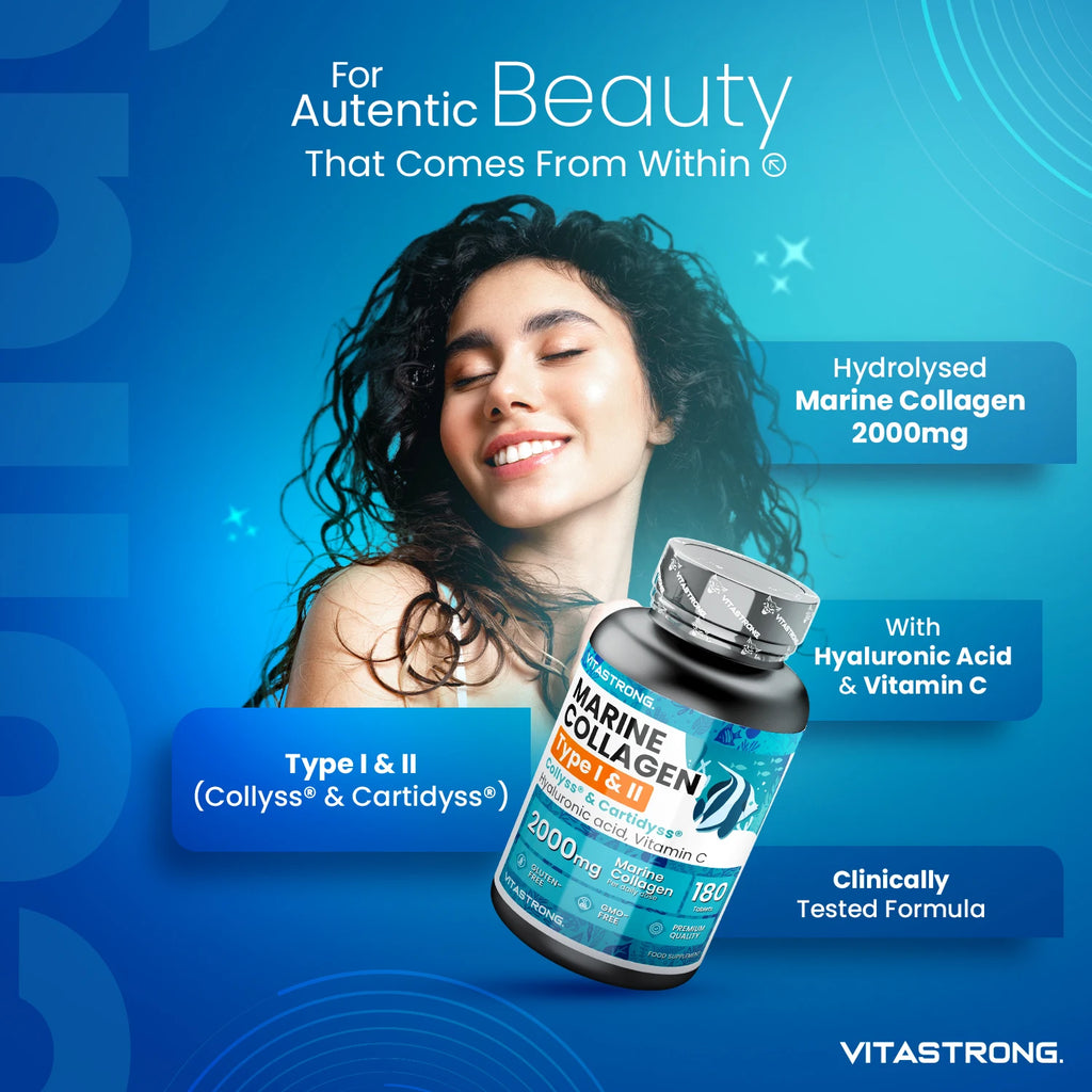 Vitastrong Marine Collagen 2000mg Patented-Type 1 & 2 Collyss®& Cartidyss®-180 Tablets-Marine Collagen with Hyaluronic Acid-with Vitamin C-Effective Formula-Premium Quality