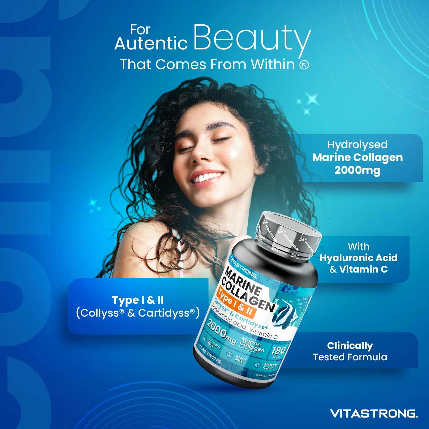 Vitastrong Marine Collagen 2000mg Patented-Type 1 & 2 Collyss®& Cartidyss®-180 Tablets-Marine Collagen with Hyaluronic Acid-with Vitamin C-Effective Formula-Premium Quality