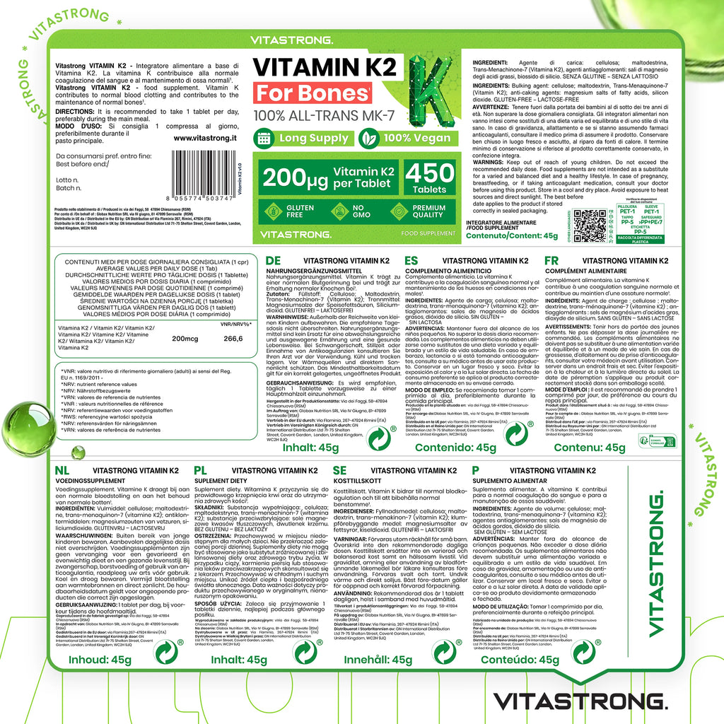 VitaStrong Vitamin K2 200 mcg, High Power, 1 Daily, 450 Tablets, Bone Health, Bone & Muscle support, Food Supplement, Premium Quality, 100% Vegan and Clean Formula