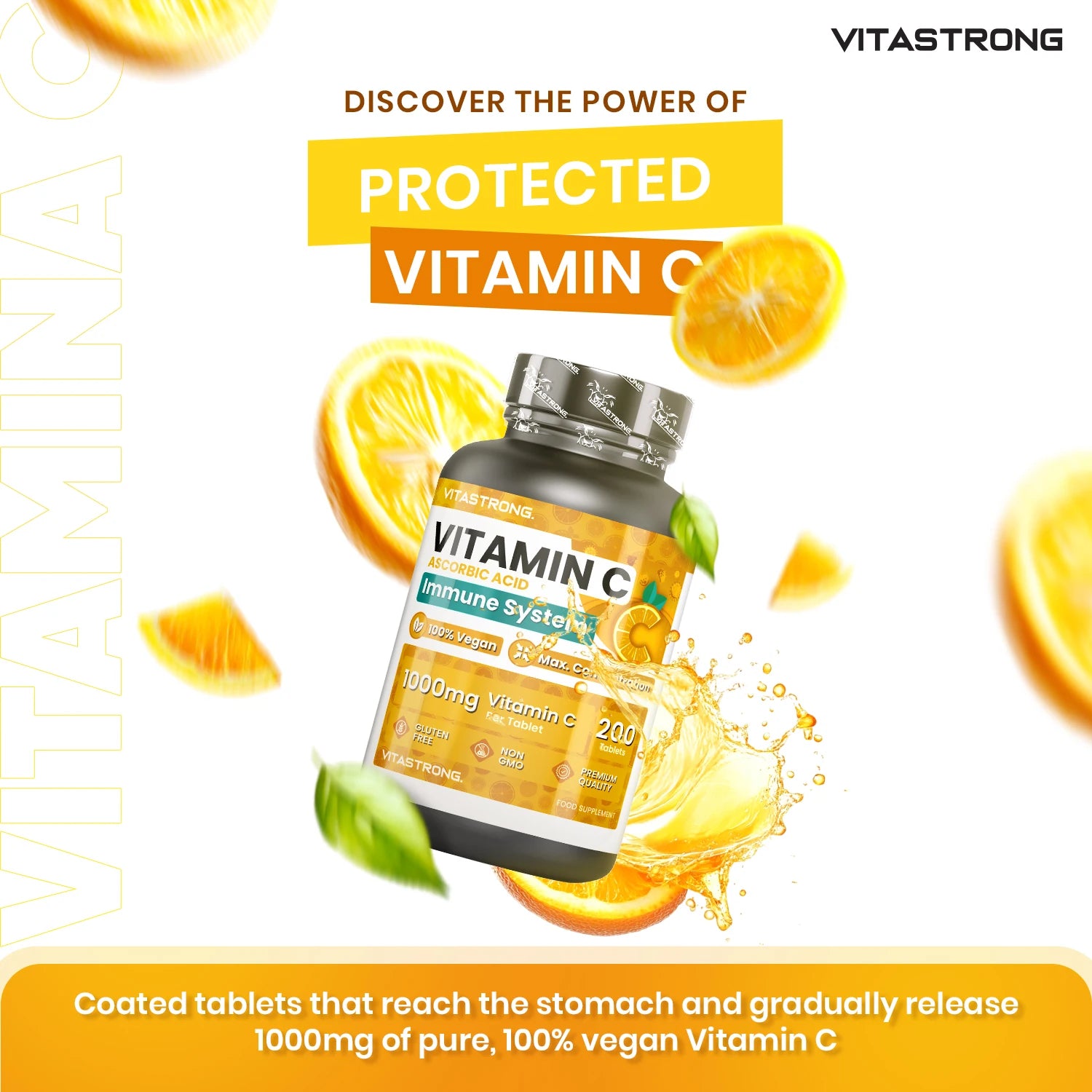 Vitastrong Vitamin C 1000mg High Dose-200 Tablets, 100% Vegan, Slow Release Ascorbic Acid for Immune Support, Skin Health, Fatigue Reduction and Collagen Formation