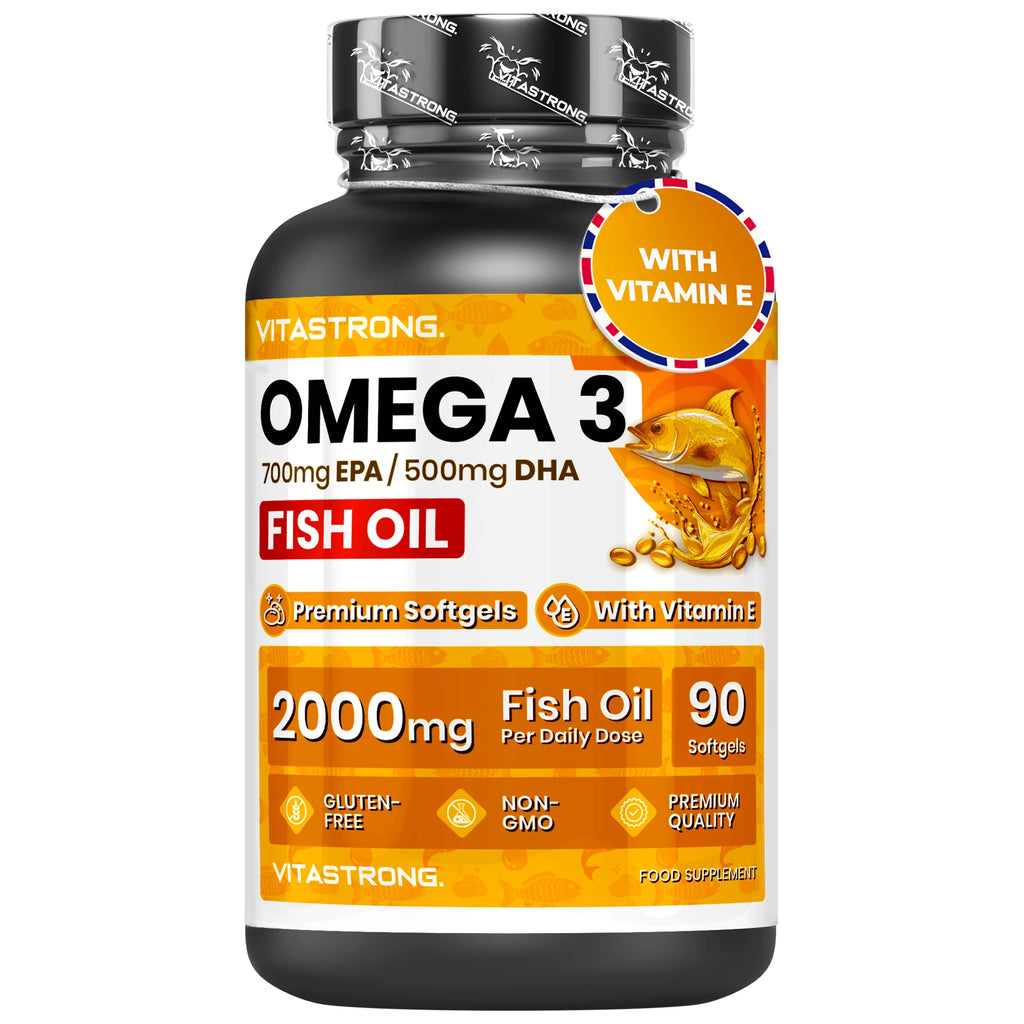 Omega 3 Fish Oil 2000mg High Dosage with Vitamin E, Without Aftertaste, Omega3 Fish Oil (Fish Oil) 700mg EPA 500mg DHA, High Concentration, omega-3 Supplement Pure Heart, Sight, Brain