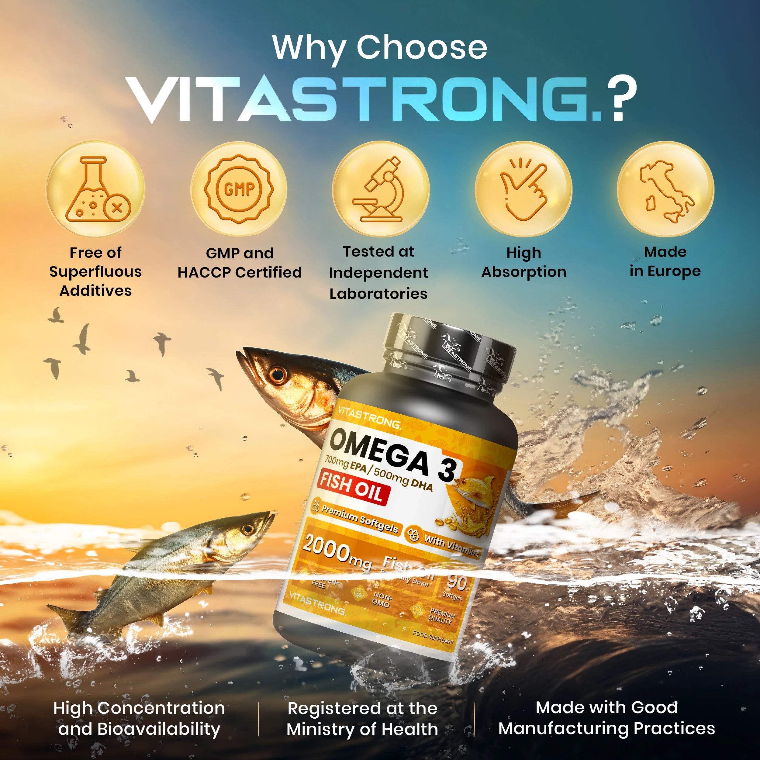 Omega 3 Fish Oil 2000mg High Dosage with Vitamin E, Without Aftertaste, Omega3 Fish Oil (Fish Oil) 700mg EPA 500mg DHA, High Concentration, omega-3 Supplement Pure Heart, Sight, Brain
