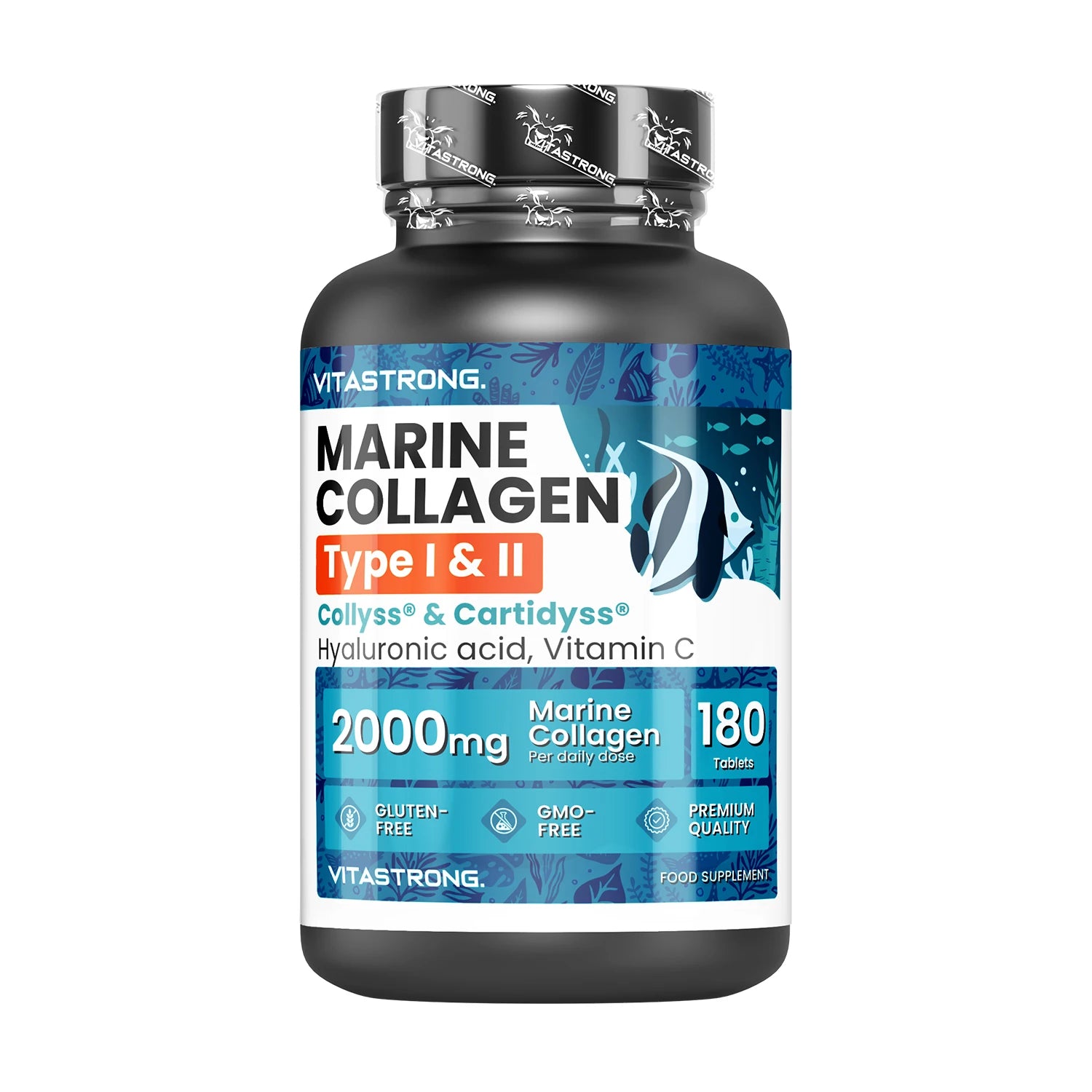 Vitastrong Marine Collagen 2000mg Patented-Type 1 & 2 Collyss®& Cartidyss®-180 Tablets-Marine Collagen with Hyaluronic Acid-with Vitamin C-Effective Formula-Premium Quality