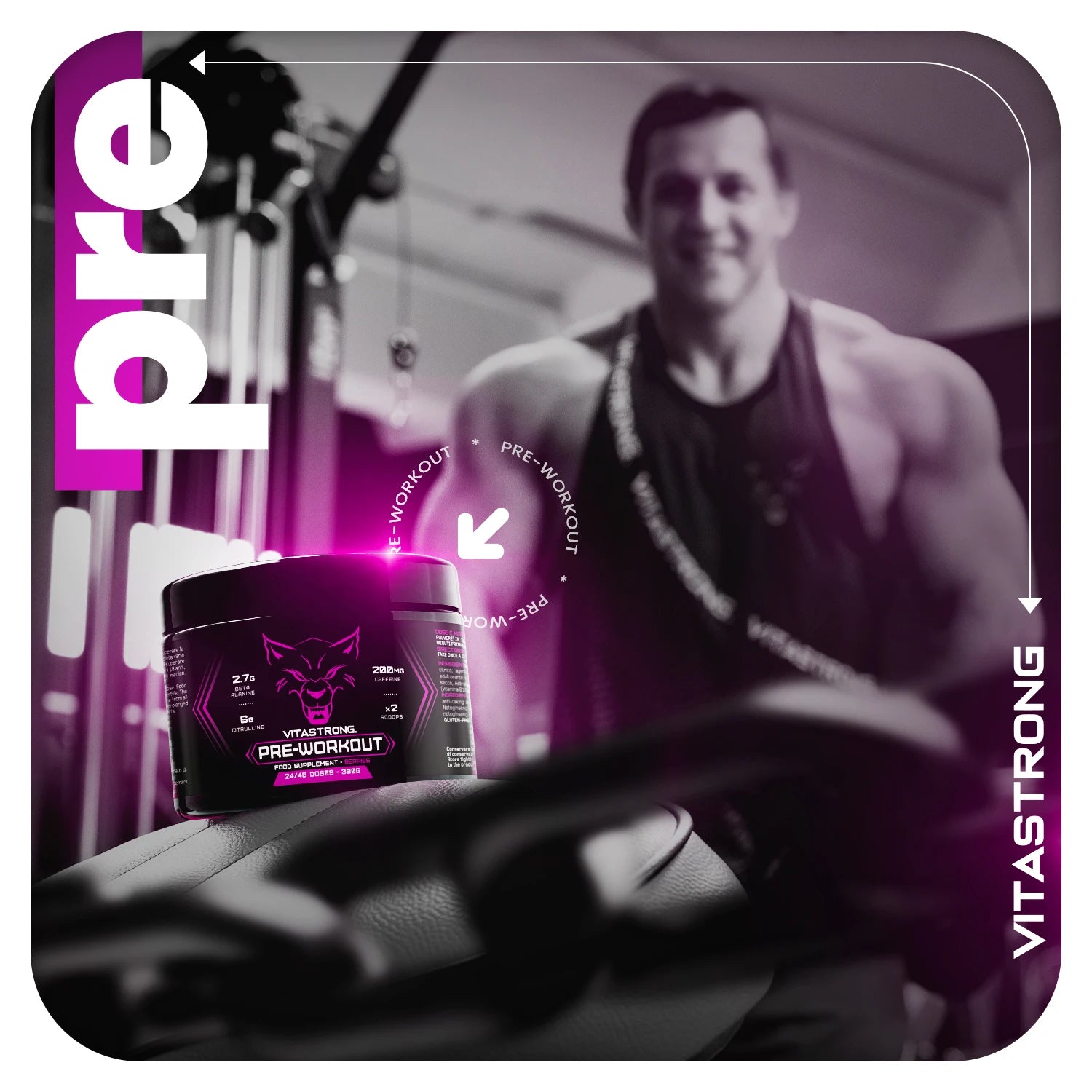 Pre-Workout Powerful 300g - Vegan Supplement with L-Citrulline, Beta-Alanine, Caffeine, Taurine, AstraGin, Panax Notoginseng, Vitastrong (24 Portions, Berries Flavor) - Made in Italy, Preworkout Supplement Powder