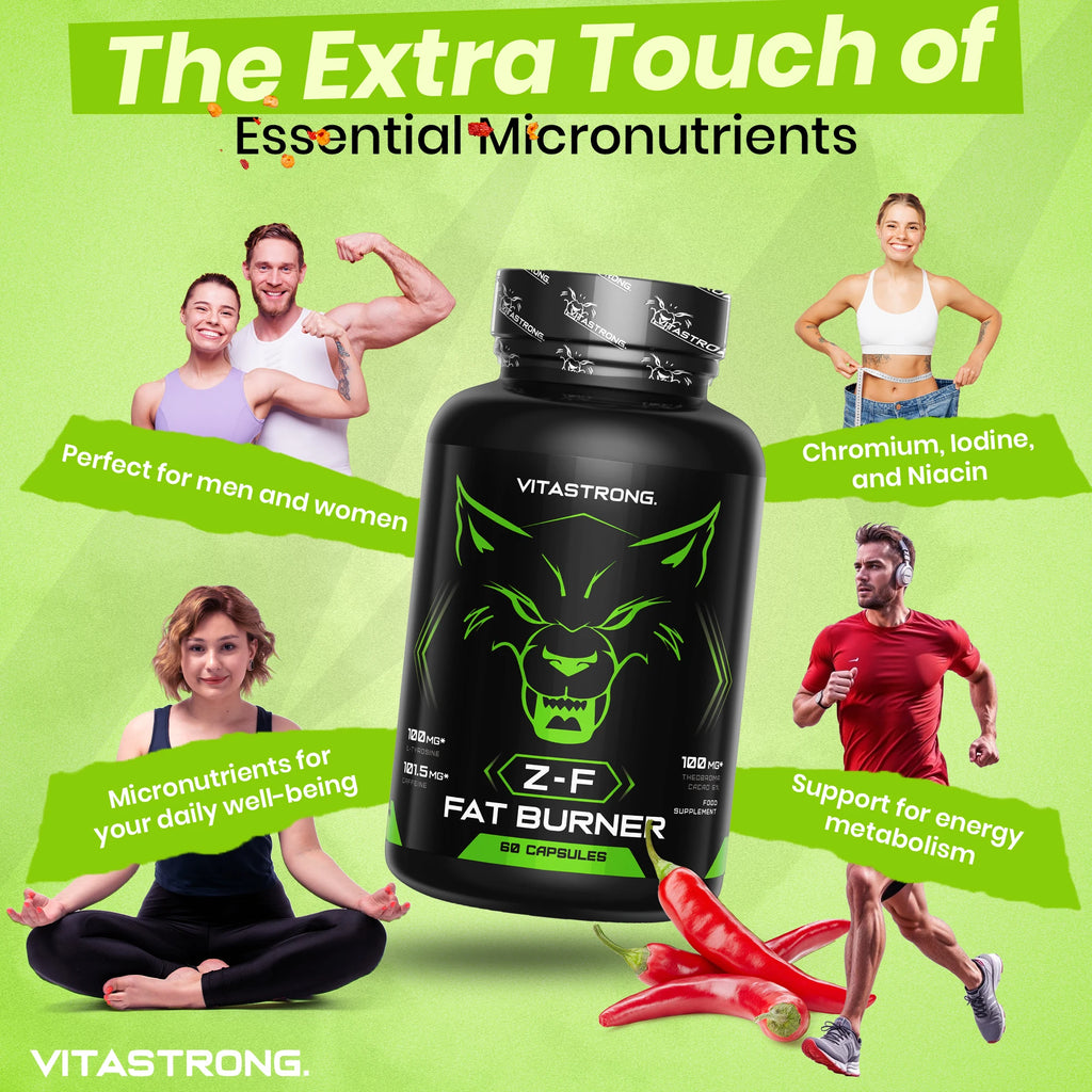 Fat Burner Z-F Vitastrag-Slimming Capsules, Fat Burn Supplement for Men and Women, Rhodiola Rosea, Chromium Picolinate, Caffeine, Chilli, Iodine, Vitamin B3 Pure Niacin