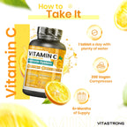 Vitastrong Vitamin C 1000mg High Dose-200 Tablets, 100% Vegan, Slow Release Ascorbic Acid for Immune Support, Skin Health, Fatigue Reduction and Collagen Formation