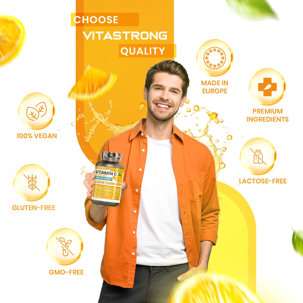 Vitastrong Vitamin C 1000mg High Dose-200 Tablets, 100% Vegan, Slow Release Ascorbic Acid for Immune Support, Skin Health, Fatigue Reduction and Collagen Formation