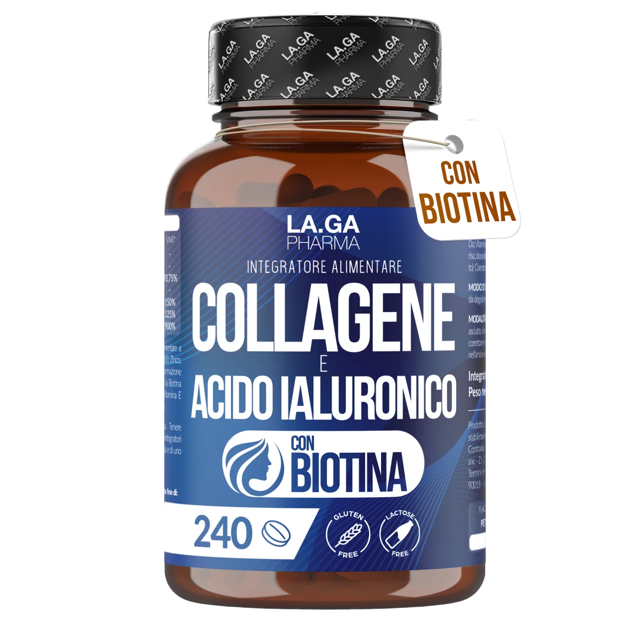 Collagen and Hyaluronic Acid with BIOTIN for Hair, Skin, Nails and Joints. Hydrolyzed Collagen 240 tablets 2000 MG with Zinc, CoQ10 and Vit. C + E for Bones and Strong Tents. Made in Italy | LAGA Pharma. LAGA Healthy. LA.GA | Main image