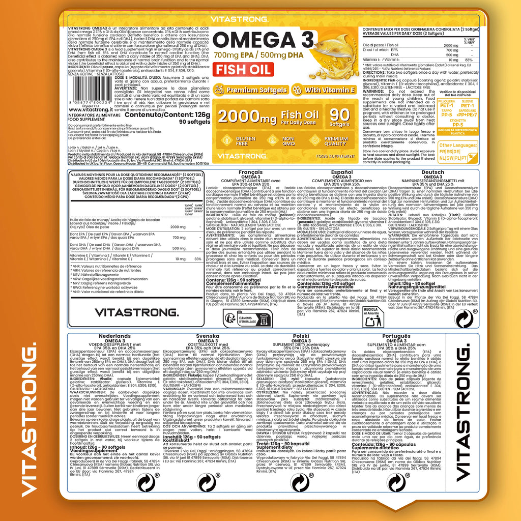 Omega 3 Fish Oil 2000mg High Dosage with Vitamin E, Without Aftertaste, Omega3 Fish Oil (Fish Oil) 700mg EPA 500mg DHA, High Concentration, omega-3 Supplement Pure Heart, Sight, Brain