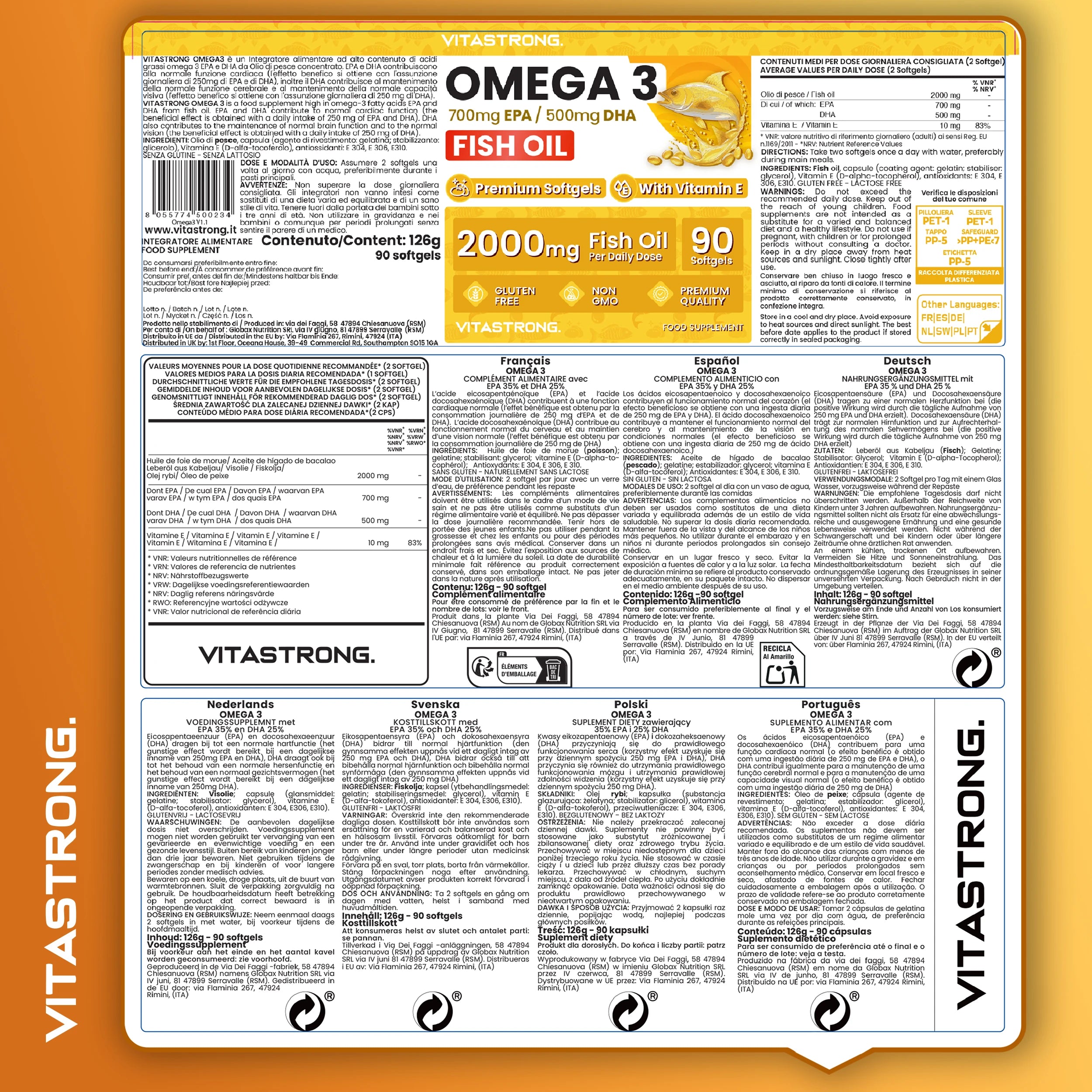 Omega 3 Fish Oil 2000mg High Dosage with Vitamin E, Without Aftertaste, Omega3 Fish Oil (Fish Oil) 700mg EPA 500mg DHA, High Concentration, omega-3 Supplement Pure Heart, Sight, Brain