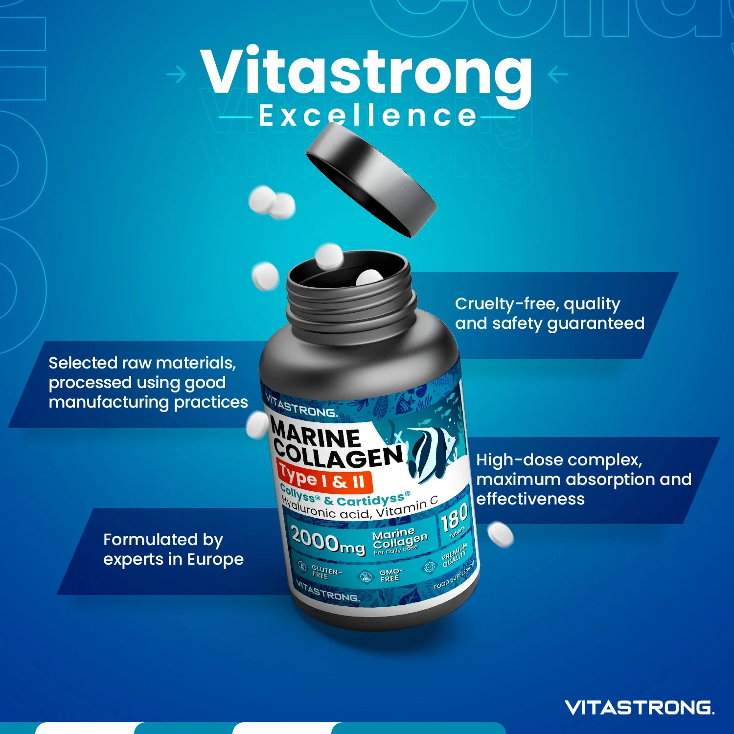 Vitastrong Marine Collagen 2000mg Patented-Type 1 & 2 Collyss®& Cartidyss®-180 Tablets-Marine Collagen with Hyaluronic Acid-with Vitamin C-Effective Formula-Premium Quality