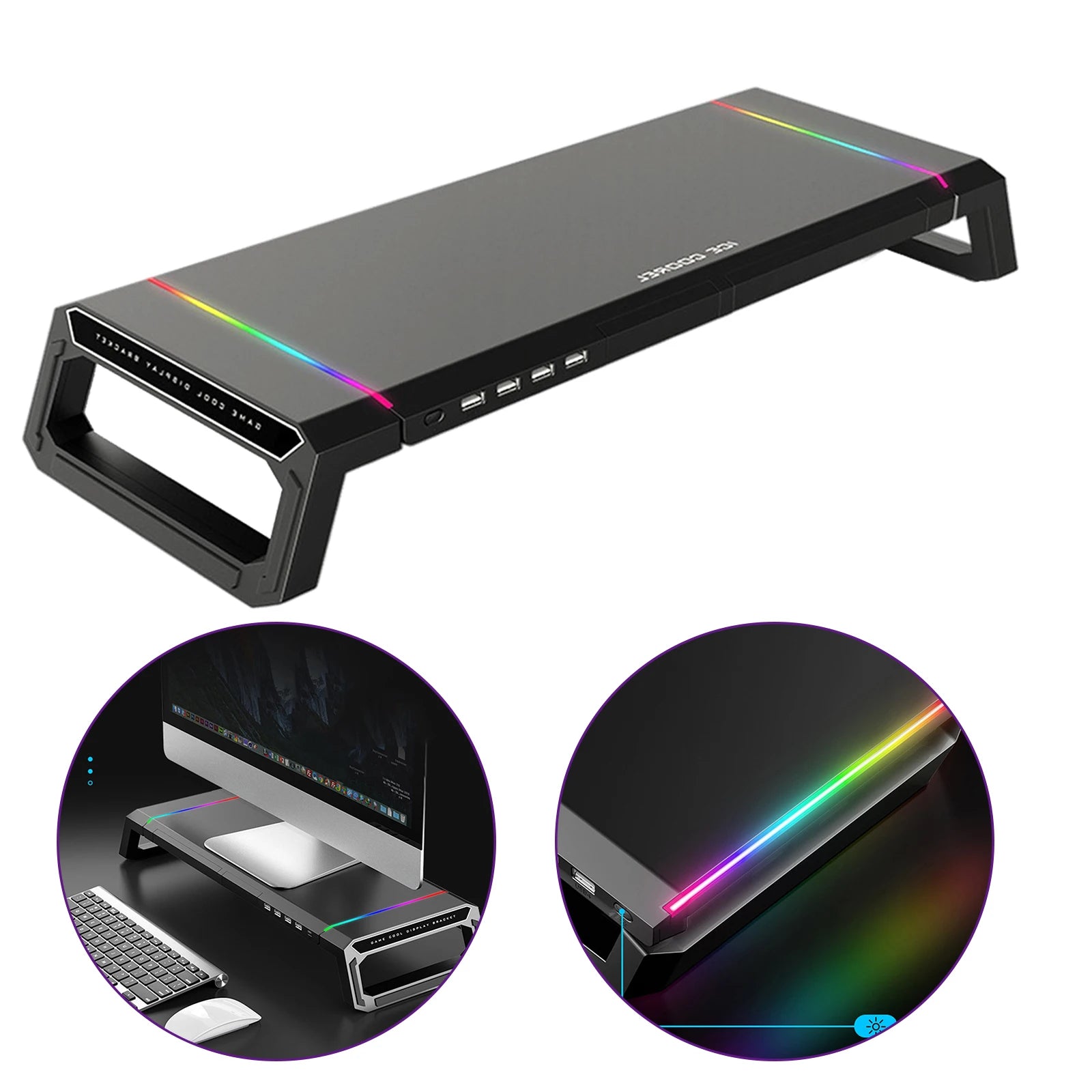 Aluminum RGB Monitor Stand Riser Bracket with 4 USB Ports Desk Organizer All-In-One Computer Laptop Height Stand Holder