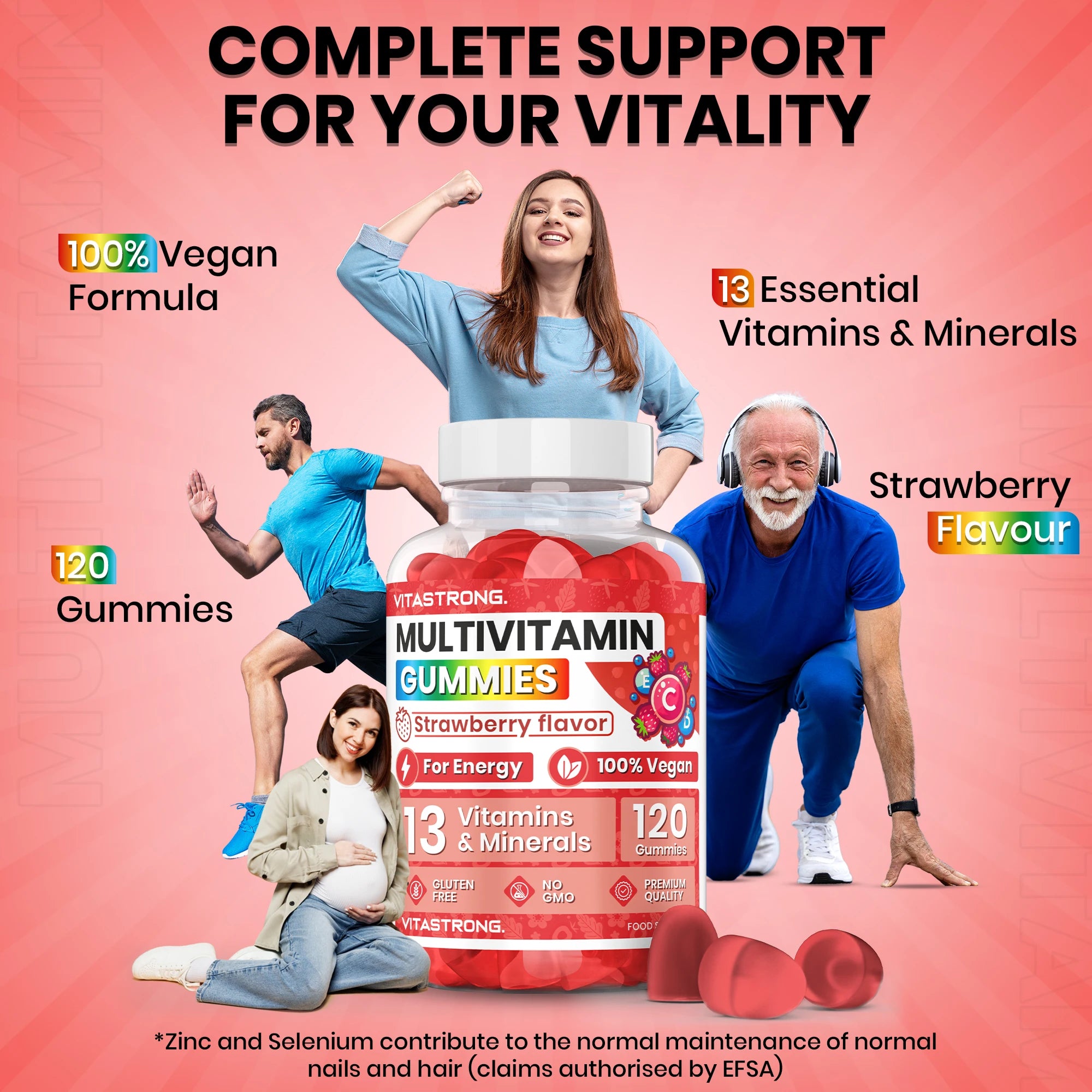 Full Multivitamin 120 Gummy Vitastrong, 13 Vitamins and Minerals, Sucrose-free, Complément Alimentaire Vegan for Adults, Multivitamin with Vitamins, Zinc, Iodine, Folate-For Men and Women