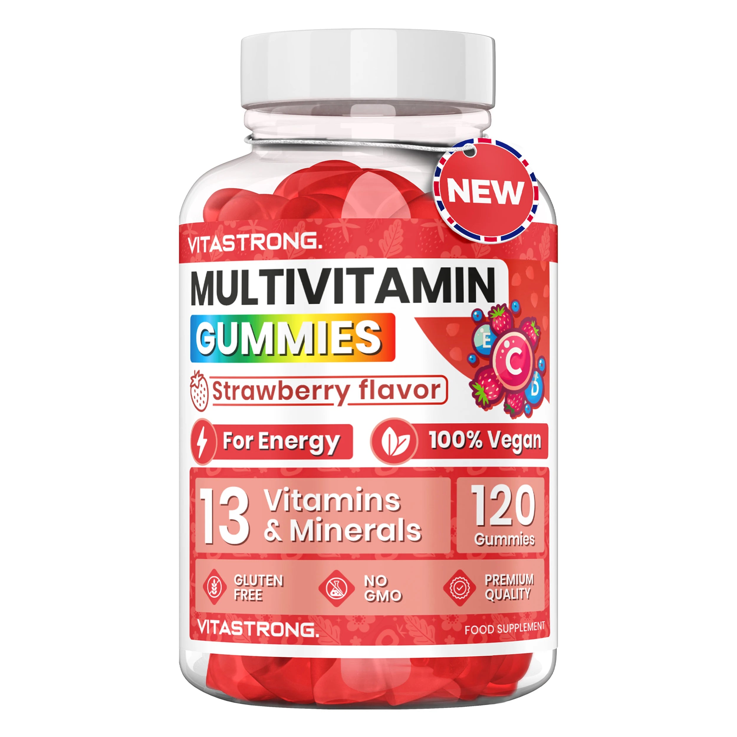 Full Multivitamin 120 Gummy Vitastrong, 13 Vitamins and Minerals, Sucrose-free, Complément Alimentaire Vegan for Adults, Multivitamin with Vitamins, Zinc, Iodine, Folate-For Men and Women Main image
