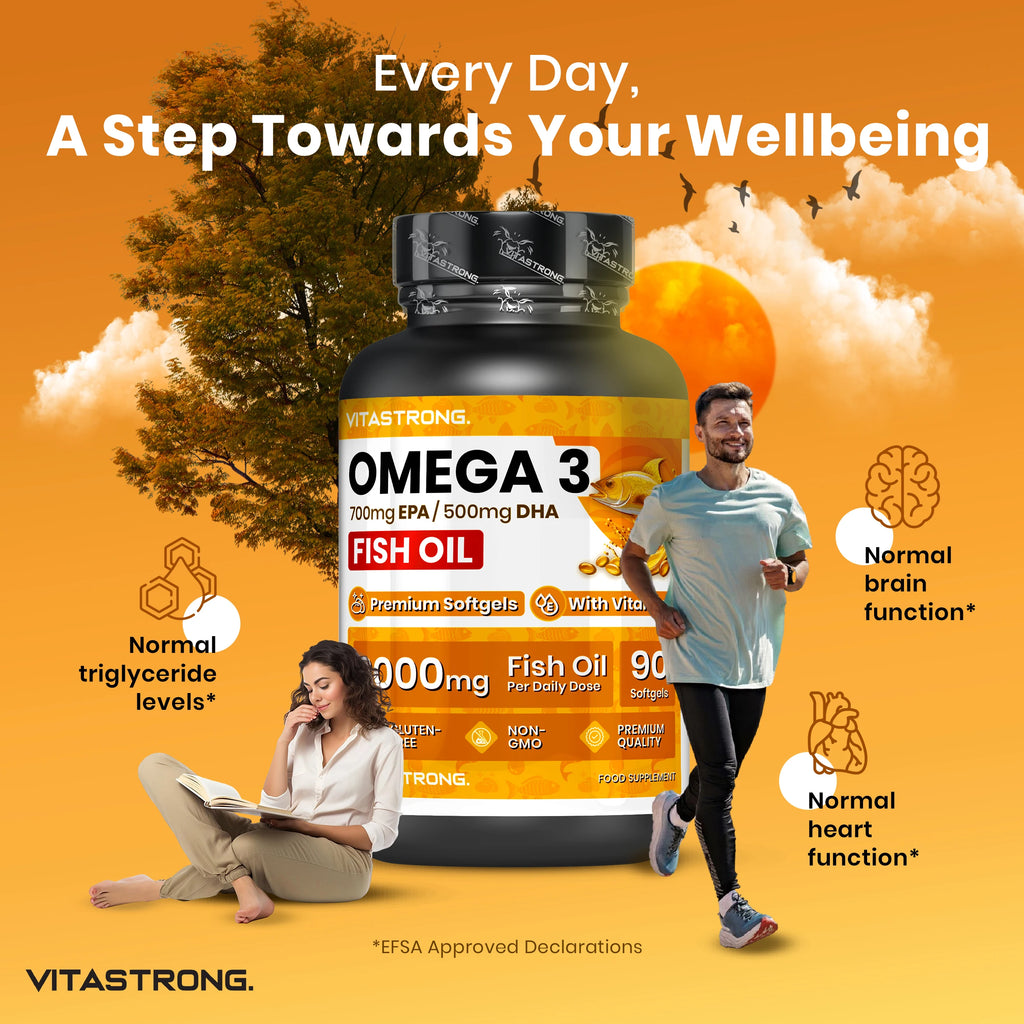 Omega 3 Fish Oil 2000mg High Dosage with Vitamin E, Without Aftertaste, Omega3 Fish Oil (Fish Oil) 700mg EPA 500mg DHA, High Concentration, omega-3 Supplement Pure Heart, Sight, Brain