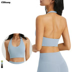 Custom Logo Front/Back Lightweight Backless Fitness Training Halter Bra Workout Yoga Activewear Sports Bra for Women