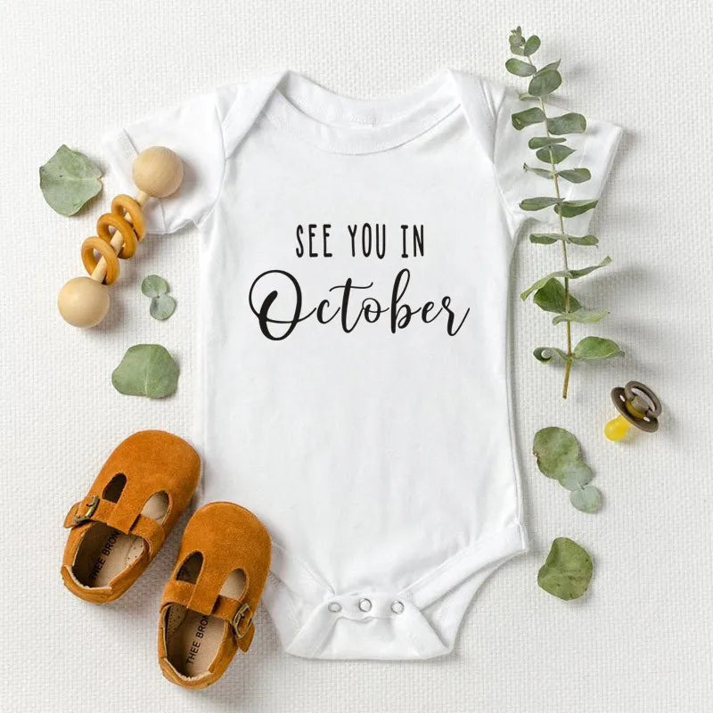 Baby Announcement See You In October Baby body Pregnancy Reveal Custom Romper Baby Shower Gift 100% Cotton Main image