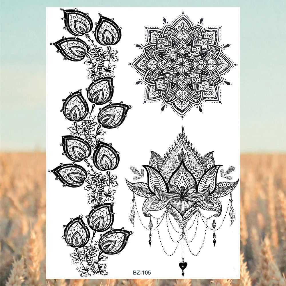 Lotus Henna Mandala Chest Temporary Tattoos For Women Underboob Adult Butterfly Turtle Lion Fake Tattoo Sexy Waterproof Tatoos