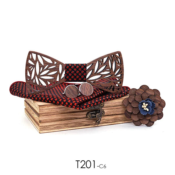 Wooden Bow Tie Handerchief Set Wood bowtie cufflinks floral ties Lapel flower brooch corbata Gravata tie for men noeud papillon