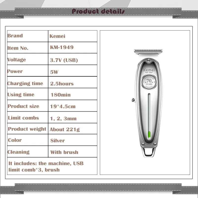 Kemei 1949 All-Metal Hair Trimmer Professional Clipper For Barber Rechargeable Men Electric Beard Shaver Hair Cutting Machine