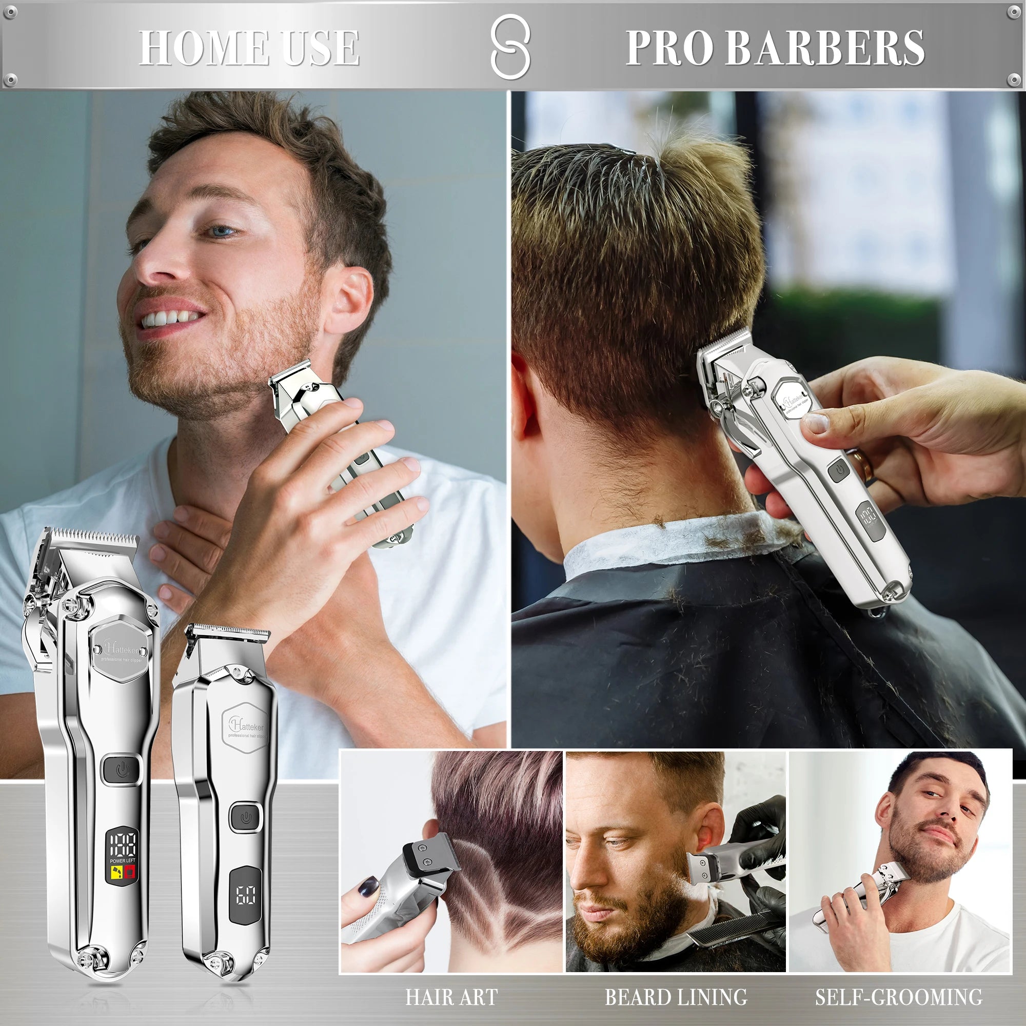 HATTEKER Professional Hair Clipper for Men Cordless Metal Barber Clipper and Trimmer Set Clipper for Hair Cutting Kit