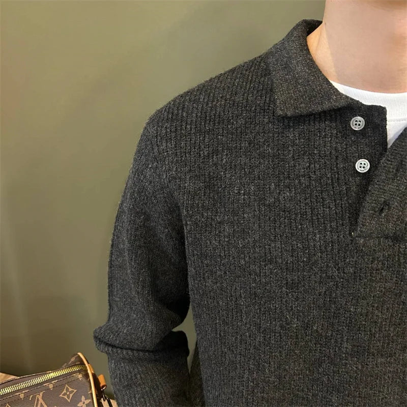 Winter Men's Solid Color Polo Neck Knitted Sweaters Casual Retro Warm Pullovers Knitwear Elegant Y2K Streetwear Jersey Hombre