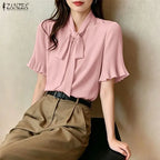 2026 ZANZEA Elegant Summer Blouse Women Stand Neck Short Sleeve Tops Stylish Solid OL Work Shirt Casual Lace-Up Holiday Tunic