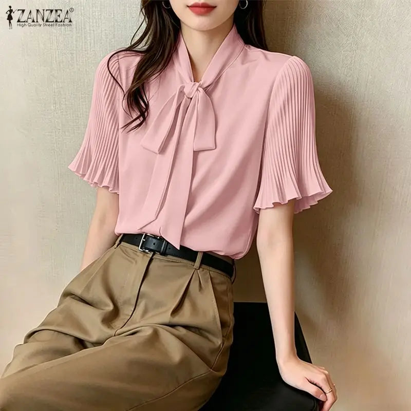 2026 ZANZEA Elegant Summer Blouse Women Stand Neck Short Sleeve Tops Stylish Solid OL Work Shirt Casual Lace-Up Holiday Tunic