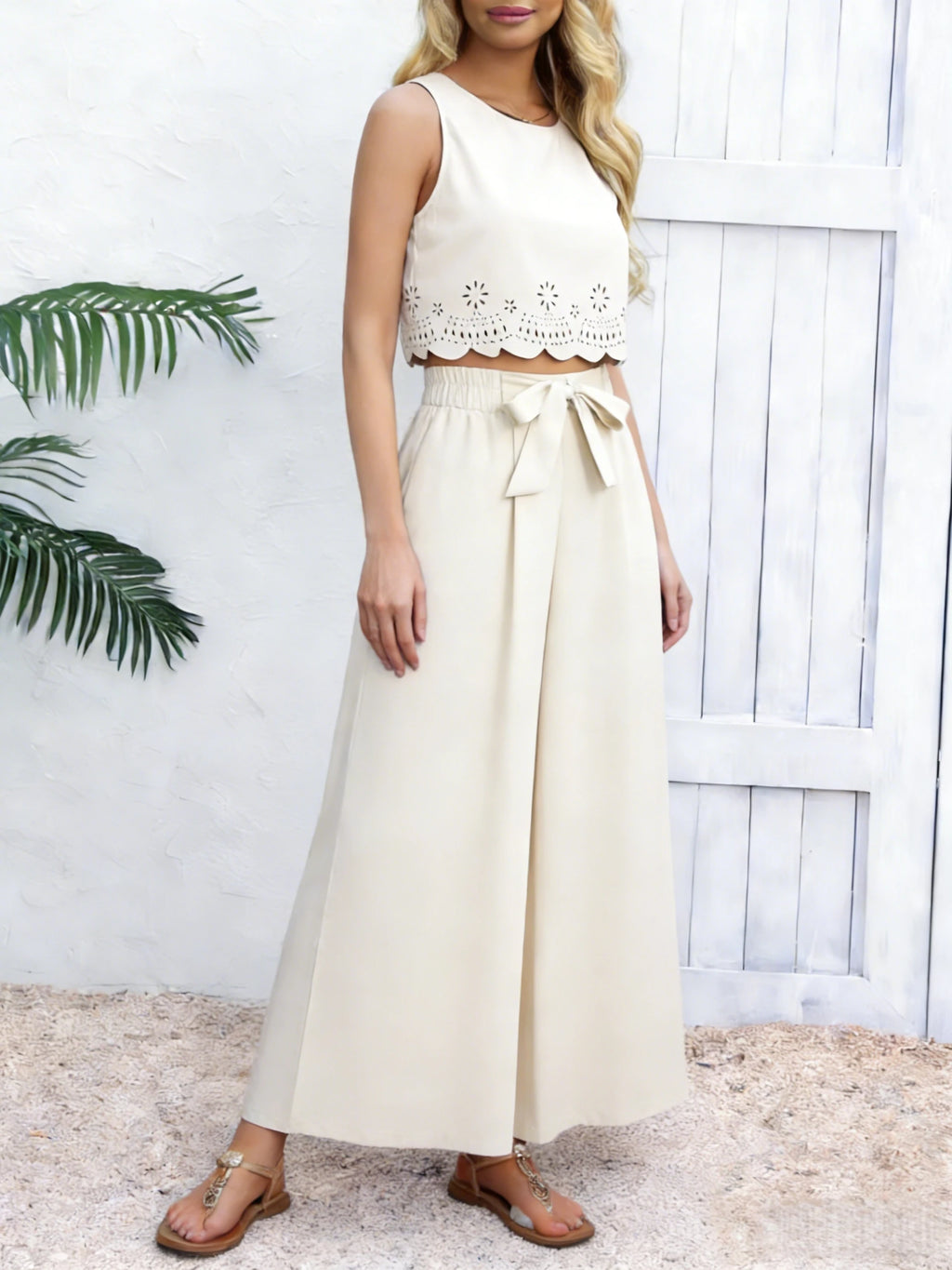 Women's Beige 2-Piece Set Sleeveless Crop Top And Wide Leg Pants Spring Summer Casual Commuting Vacation Outfit