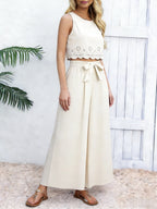 Women's Beige 2-Piece Set Sleeveless Crop Top And Wide Leg Pants Spring Summer Casual Commuting Vacation Outfit