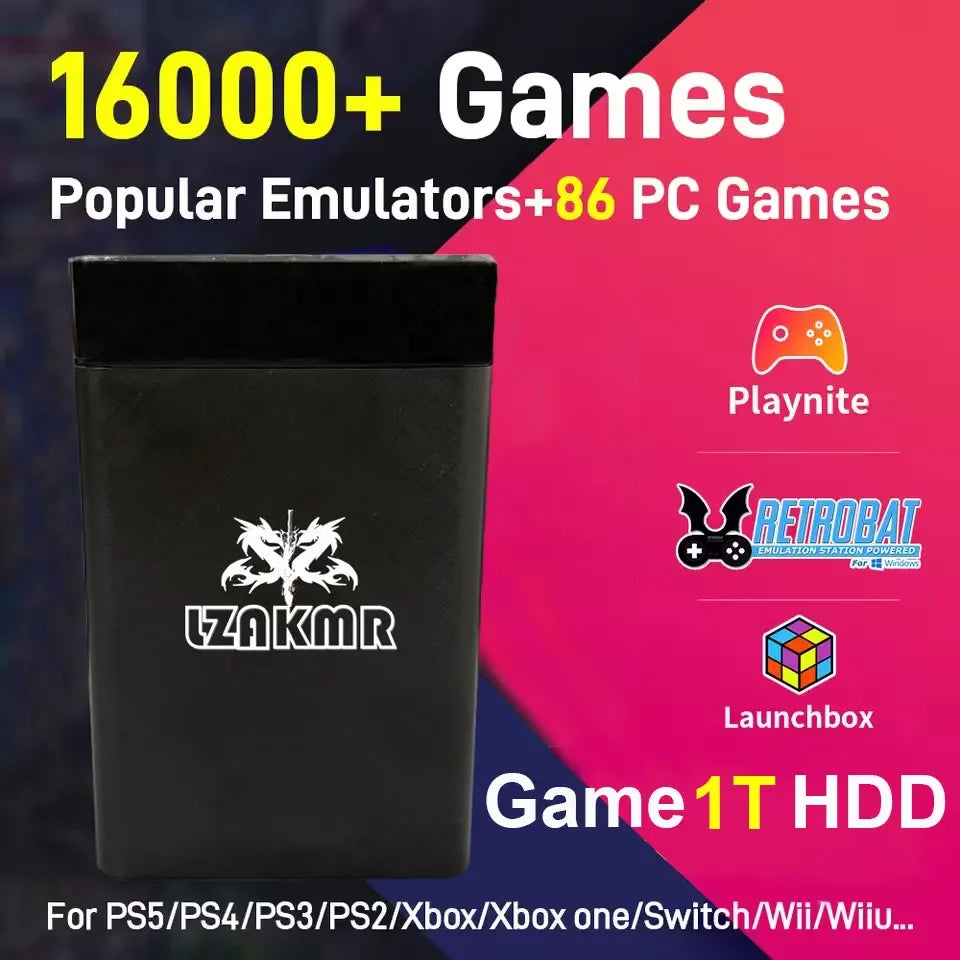 1TB For PS4/Xbox/PS3/PS2/PS1 Launchbox & RetroBat & Playnite System 3-in-1 Game HDD with AAA &3D & Retro Games