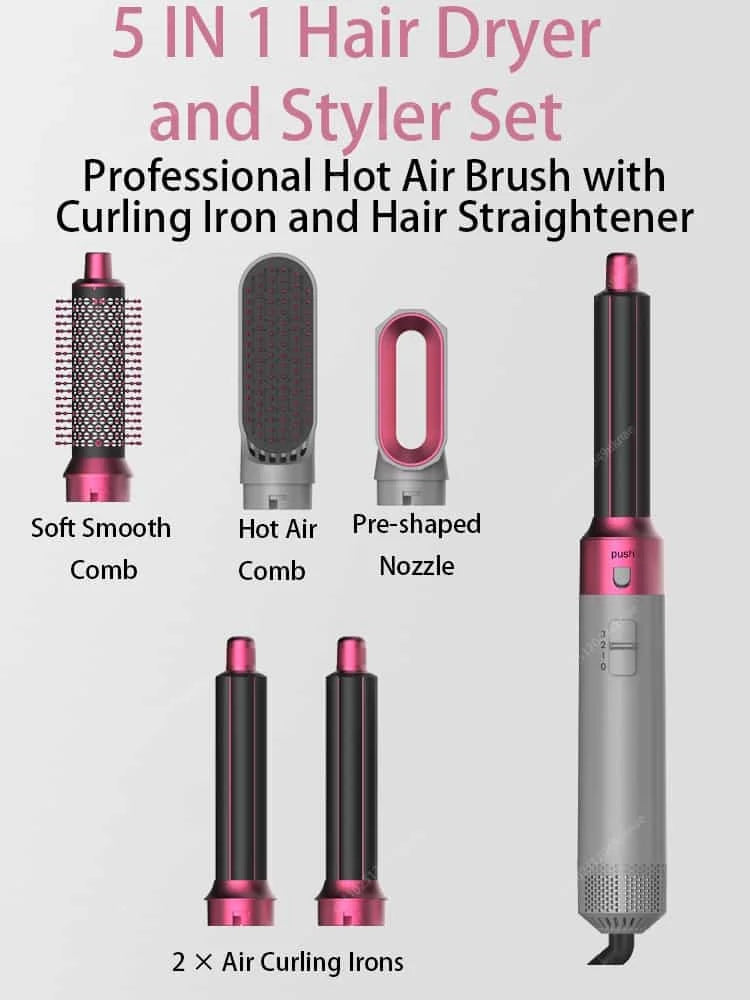 5 In 1 Hair Dryer And Hot Air Comb Brush With Curling Iron Hair Straightener For Fast Drying Curling Straightening And Styling
