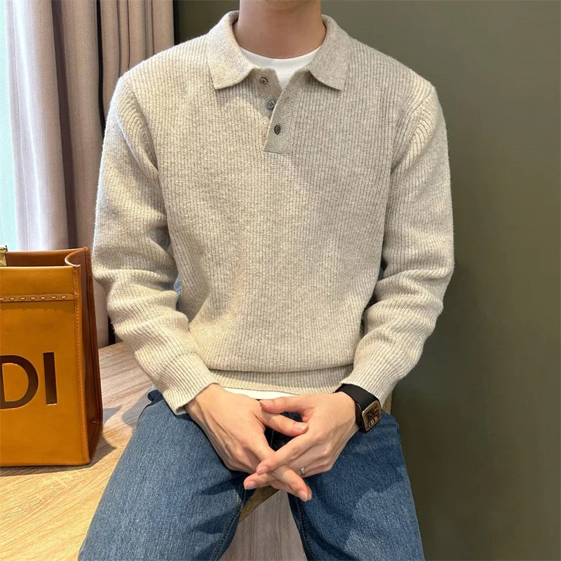 Winter Men's Solid Color Polo Neck Knitted Sweaters Casual Retro Warm Pullovers Knitwear Elegant Y2K Streetwear Jersey Hombre Main image