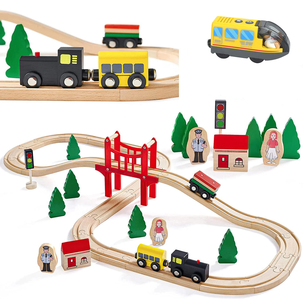 Kid Magnetic Electric Train Car Locomotive Wooden Track Slot Diecast Railway With Two Carriages Train Wood Toy Biro Leduo Track