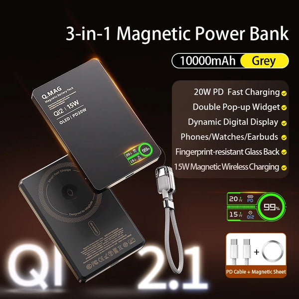 QI 2.1 Magnetic Powerbank Wireless Fast Charing Spare Portable External Battery for iPhone 12-17 Pro Watch Airpods 5000/10000mAh