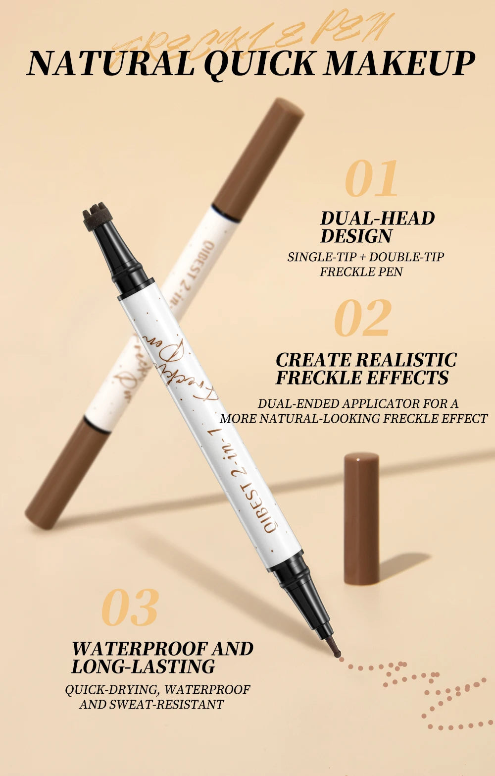 Qibest 2-In-1 Freckle Pen with Gourd-Shaped Head, Natural and Realistic, Sweat-Proof, Double-Ended Stamp Dot Pen Cosmetic Stick